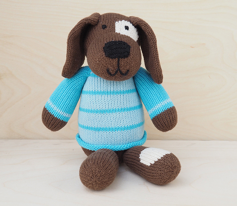 Hand Knit Stuffed Animal Dog with Blue Sweater, Fair Trade from Peru