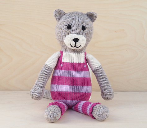 Hand Knit Cat Stuffed Animal in Pink Overalls, Fair Trade