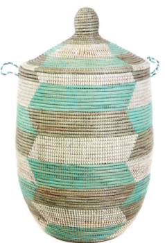 Medium Hamper Storage Basket, Aqua, Silver and White, Fair Trade & Eco-Friendly