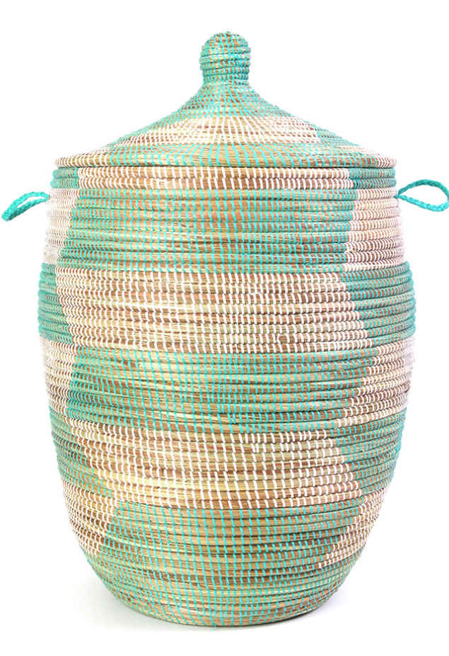 Handwoven Hamper Storage Basket, Aqua & White, Fair Trade, Eco-Friendly