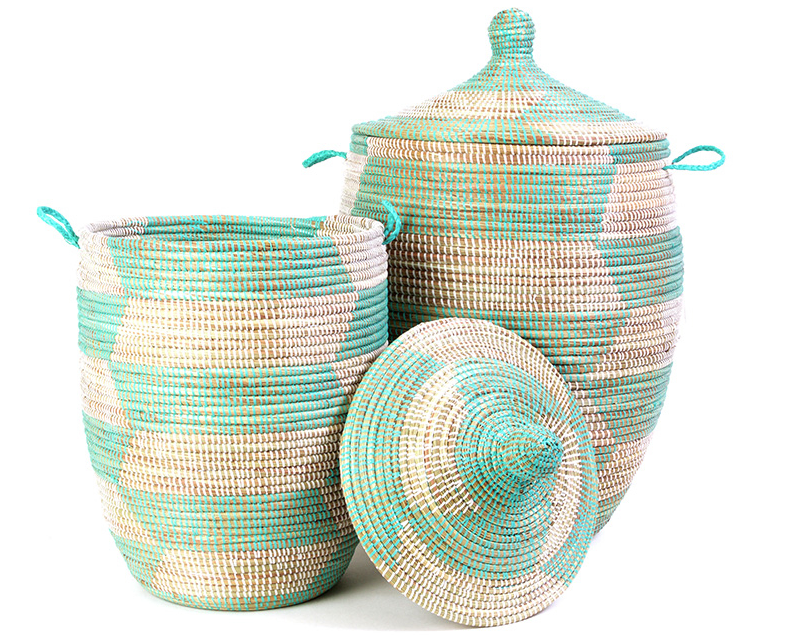 Handwoven Hamper Storage Basket, Aqua & White, Fair Trade, Eco-Friendly