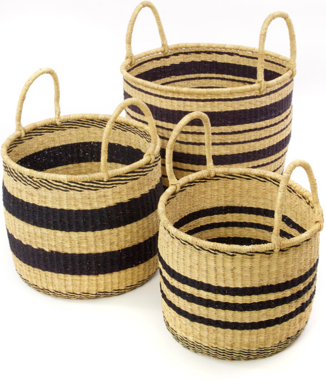 3 Handwoven Striped Elephant Grass Nesting Baskets, Fair Trade, Eco-Friendly