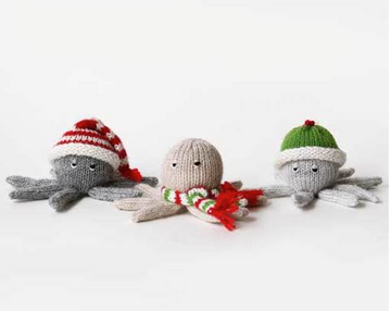 Set of 3 Hand knit Octopus Ornaments,  Fair Trade