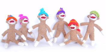 Set of 6- Hand Knit Sock Monkey Ornaments- Fair Trade