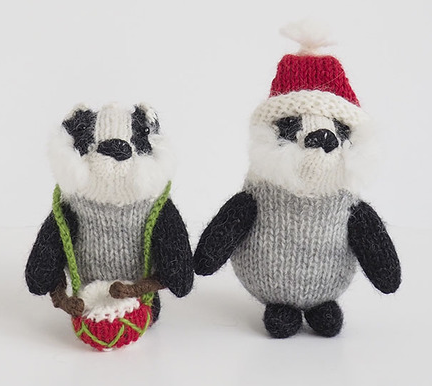 Set of 2 Hand Knit Badger Ornaments with Drums,  Fair Trade