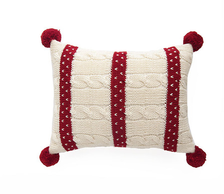 Mini Hand Knit Cable Christmas Pillow with Red Stripes & Poms, Armenia- Fair Trade
