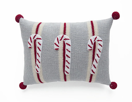 Mini Hand Knit Candy Canes Christmas Throw Pillow, Stripes & Pom Poms, Fair Trade