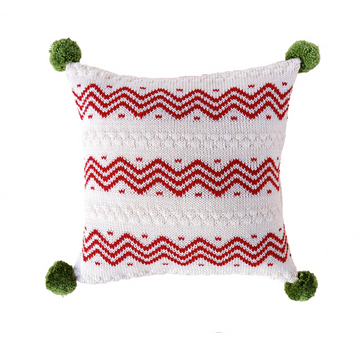 Hand Knit Red Zig Zag Christmas Pillow with Pom Poms, Fair Trade