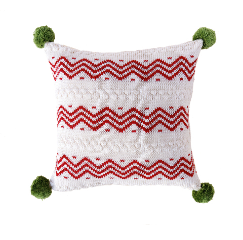 Hand Knit Red Zig Zag Christmas Pillow with Pom Poms, Fair Trade