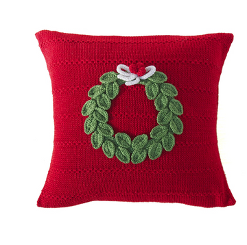 Hand Knit Red Christmas Pillow with Green Wreath, Fair Trade, Creates Jobs