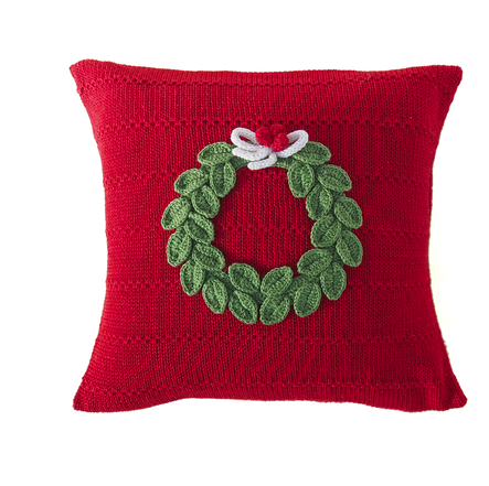 Hand Knit Red Christmas Pillow with Green Wreath, Fair Trade, Creates Jobs