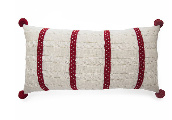 Hand Knit Christmas Pillow, White & Red, Cable With Dots & Stripes, Fair Trade