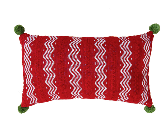 Hand Knit Red Christmas Pillow Zig Zag Stripes & pom poms, Fair Trade