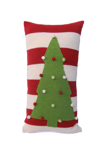10x20" Hand Knit Holiday Christmas Tree Pillow, Red & White Stripes, Fair Trade