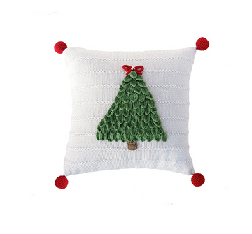 12x12 Hand Knit Christmas Tree Pillow, Pom Poms,  Fair Trade