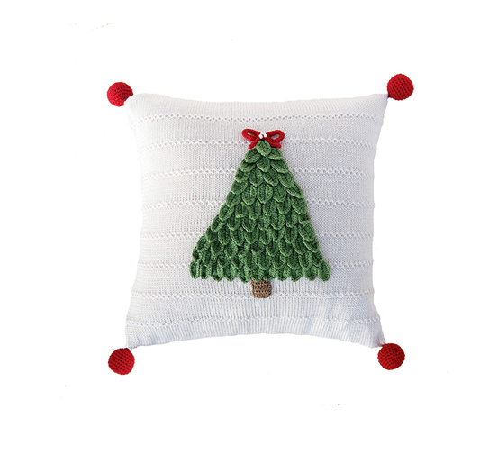 12x12 Hand Knit Christmas Tree Pillow, Pom Poms,  Fair Trade