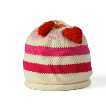 Hand- Knit Cotton Striped Baby or Toddler Hat with Heart Tassles - Fair Trade