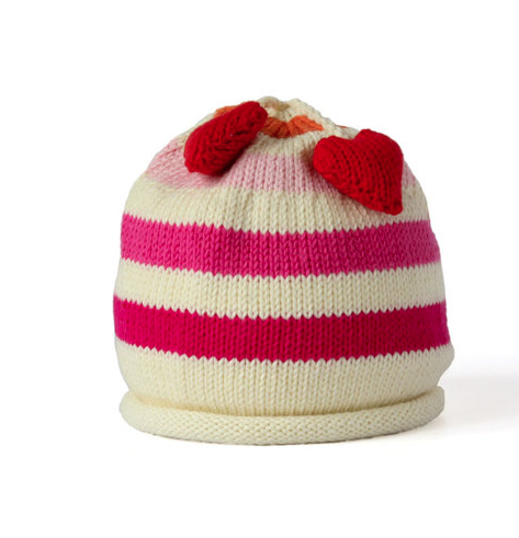 Hand- Knit Cotton Striped Baby or Toddler Hat with Heart Tassles - Fair Trade