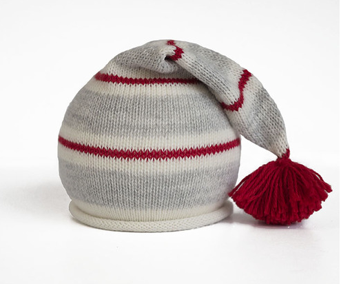 HandKnit Grey, Red & White Striped Baby or Toddler Santa Hat with Pom, Fair Trade