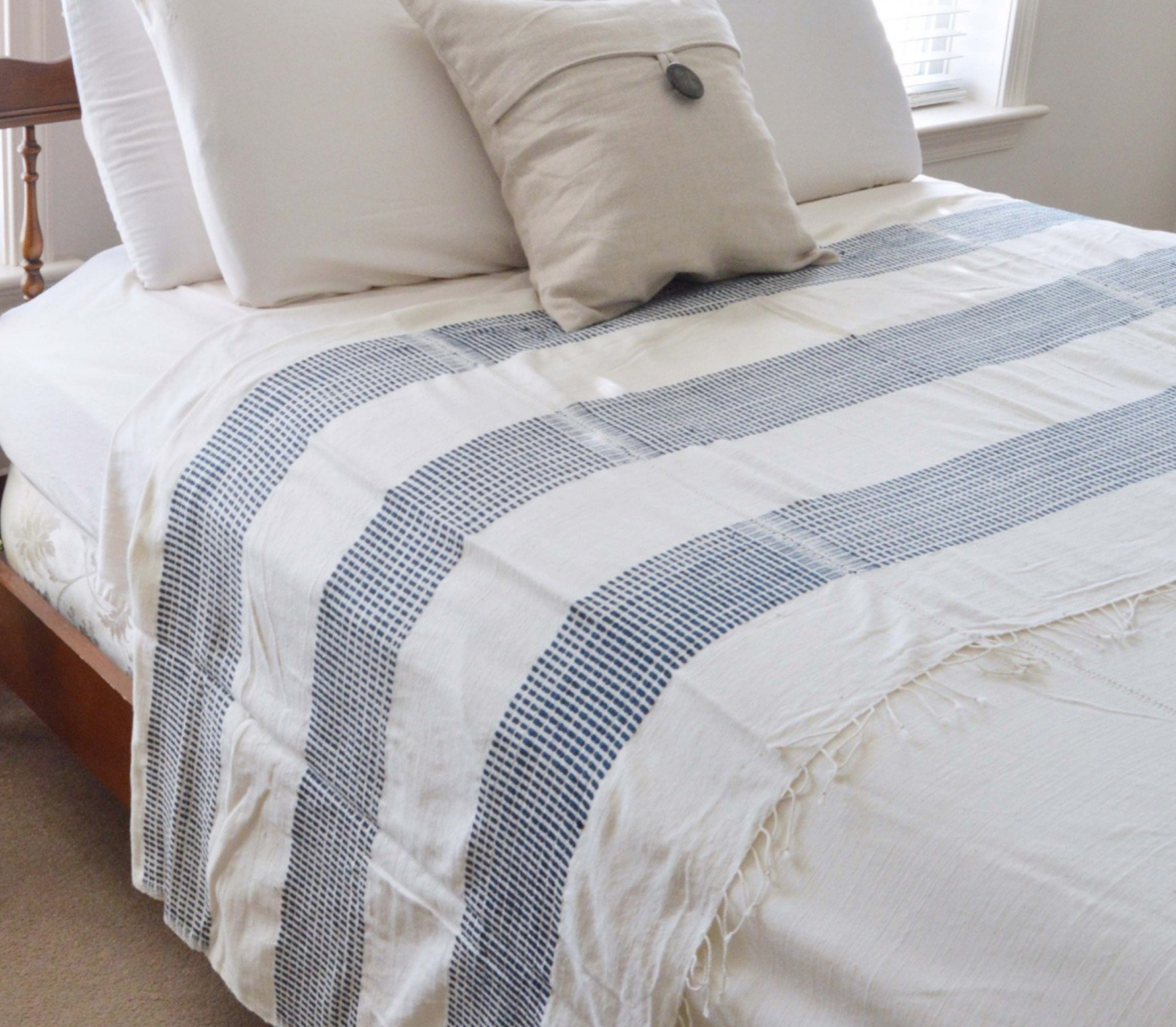 Hand Woven Ethiopian Cotton Lightweight Queen Blanket (Navy or Gold/Yellow)- Eco-Friendly, Fair Trade