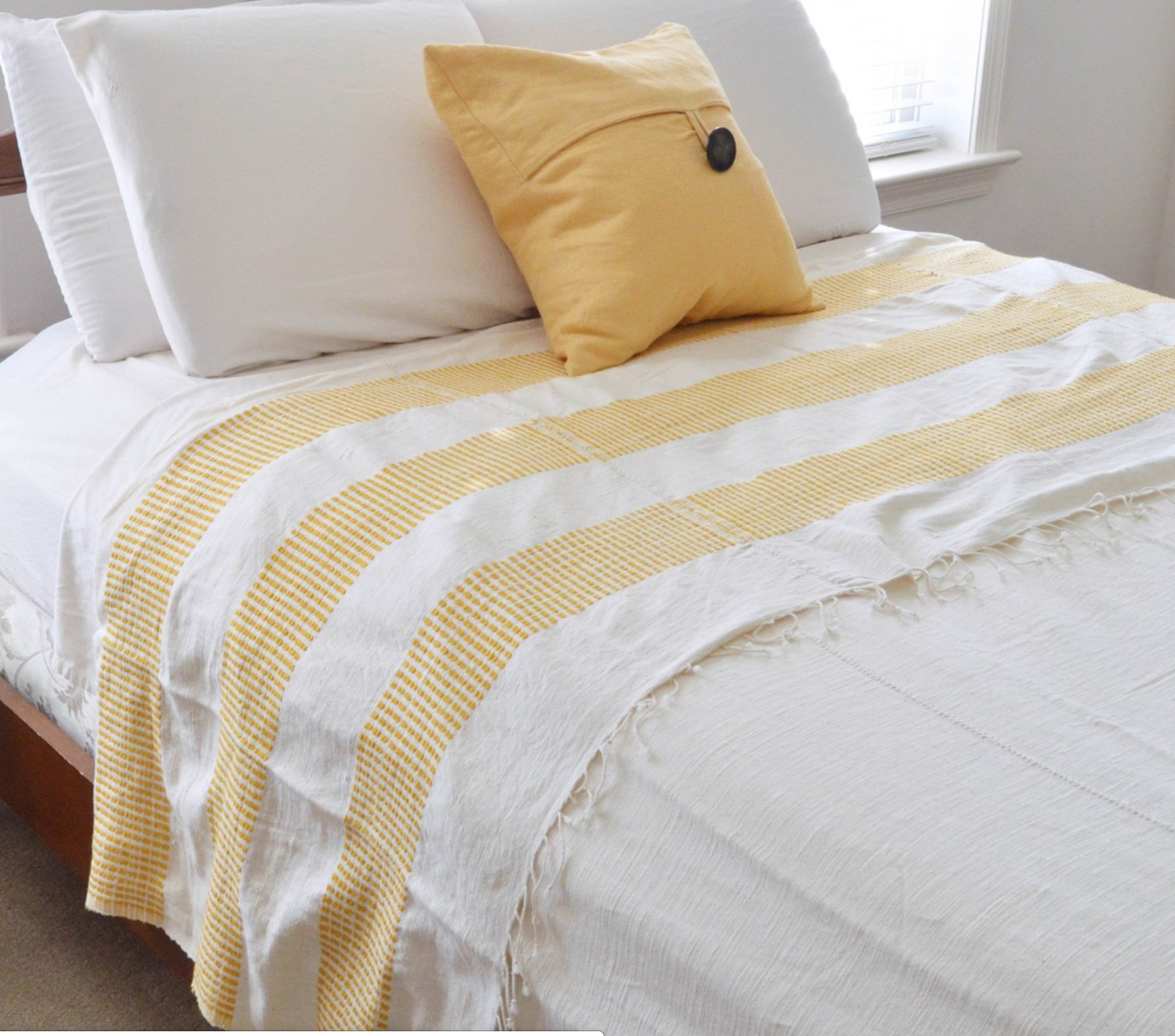 Hand Woven Ethiopian Cotton Lightweight Queen Blanket (Navy or Gold/Yellow)- Eco-Friendly, Fair Trade