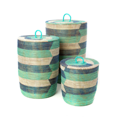 Set of 3 Handwoven Blue & Green Hamper Storage Baskets, Fair Trade
