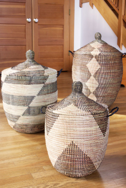 Set of Three Handwoven Black & Beige Hamper Baskets, Fair Trade