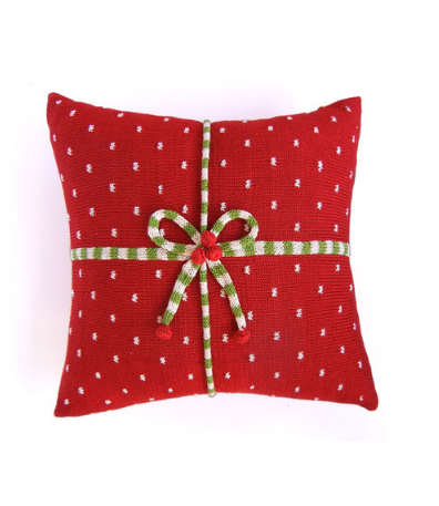 14 x14 Hand Knit Red Christmas Present Pillow, Fair Trade