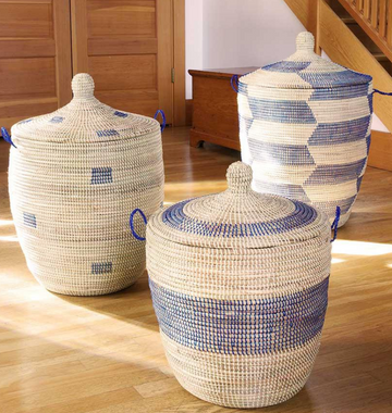 Set of Three Handwoven Blue & Cream Bath Hamper Baskets, Fair Trade