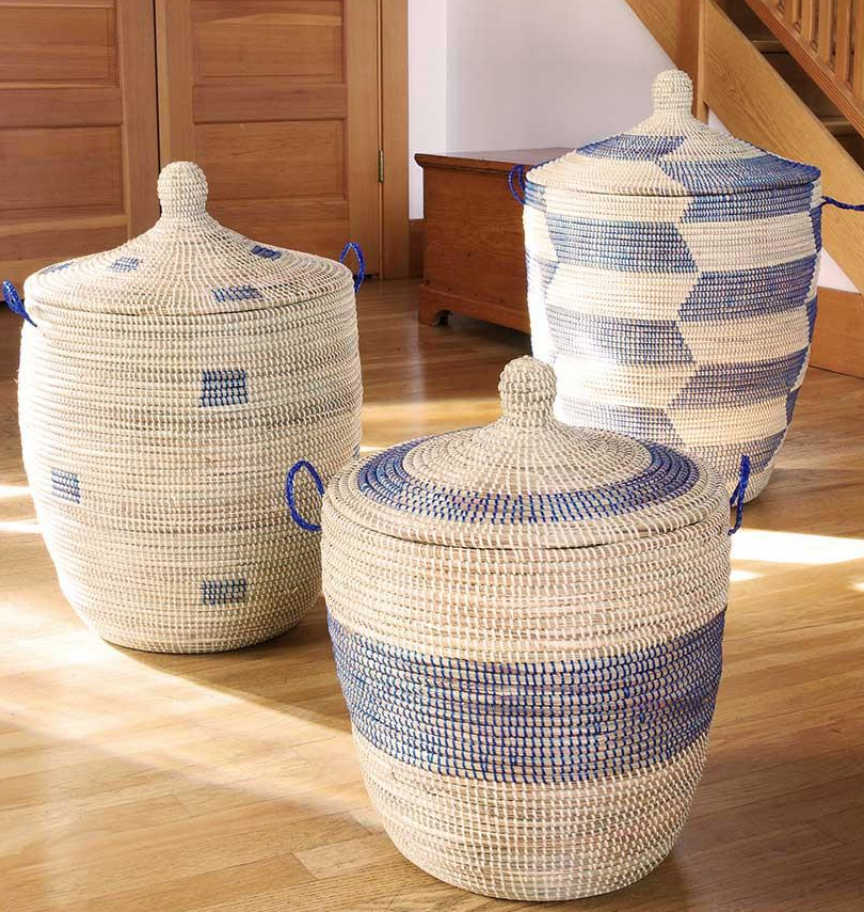 Set of Three Handwoven Blue & Cream Bath Hamper Baskets, Fair Trade