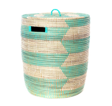 Handwoven Aqua & White cattail Hamper Laundry Storage Basket, Fair Trade, Eco Friendly