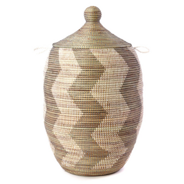 Extra Large Handwoven Silver & White Zig Zag Hamper Storage Basket, Fair Trade