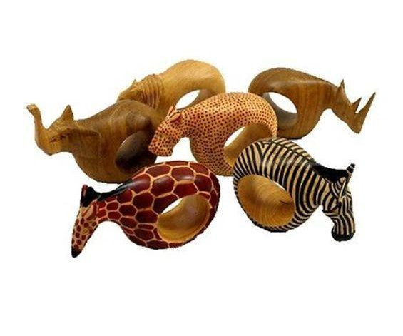 Set of Six Hand Carved Mahogany Wood African Animal Napkin Rings, Fair Trade