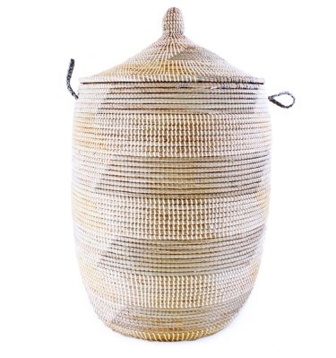 African Handwoven Hamper Storage Basket, Grey and Cream, Fair Trade, Eco-Friendly