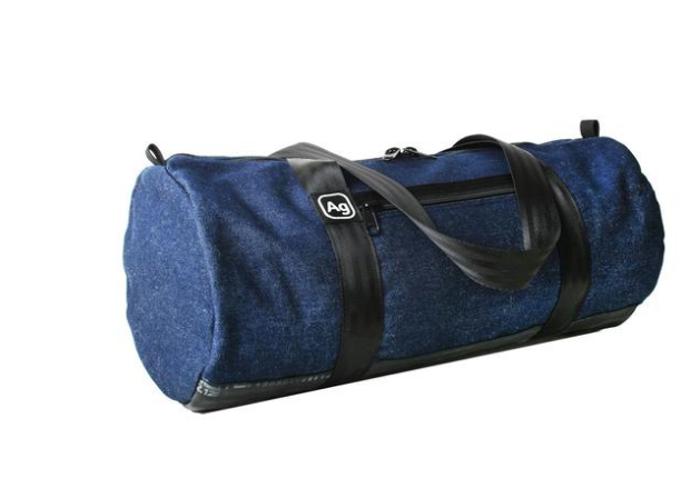 Upcycled denim duffel bag- Made in the USA from upcycled Denim & Bicycle inner tubes- Saves Landfill Space!