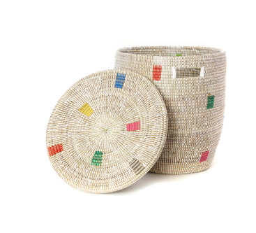 Handwoven White & Multi-Color Pixel Hamper Laundry Storage Basket, Fair Trade