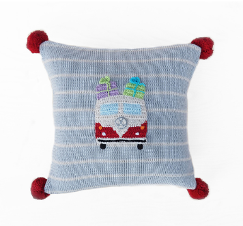 Hand Knit Grey Holiday Christmas Pillow with VW Van & Presents, Fair Trade