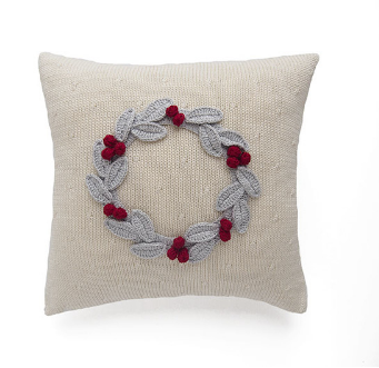 Hand Knit Christmas Pillow with Grey Wreath & Red Berries, Fair Trade