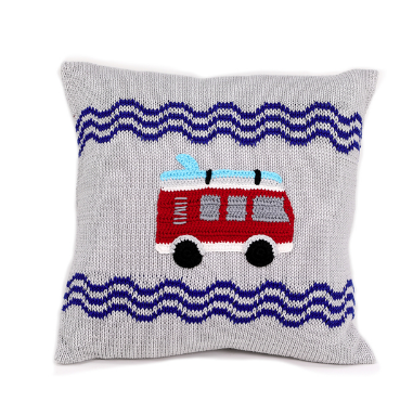 Red Van & Surfboard Grey Baby Pillow, Supports Fair Trade for Artisans