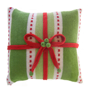 Hand Knit Green & Red Christmas Gift Pillow, Fair Trade, supports women Artisans