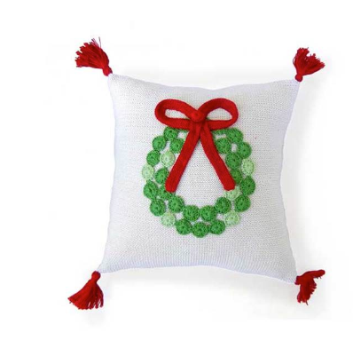 Hand Knit White Christmas pillow with Green Wreath, Fair Trade