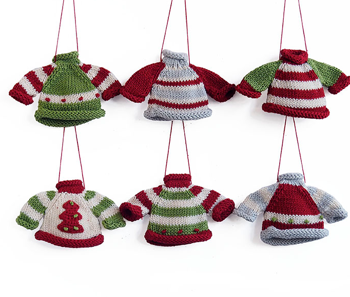 Set of 6 Hand knit Tiny Sweater Ornaments, Fair Trade