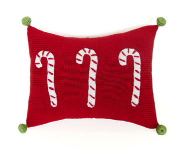 Mini Hand- Knit Red Candy Cane Christmas Pillow, with Pom Poms, Fair Trade