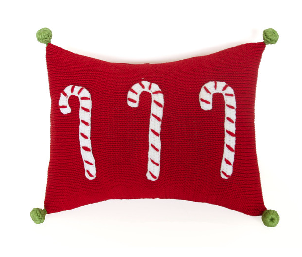 Mini Hand- Knit Red Candy Cane Christmas Pillow, with Pom Poms, Fair Trade