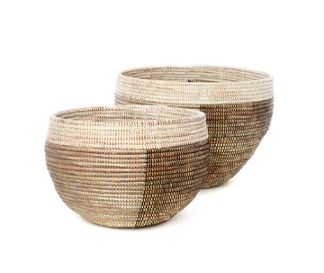 Set of Two Handmade Nesting Baskets (White,Brown, Silver) Fair Trade