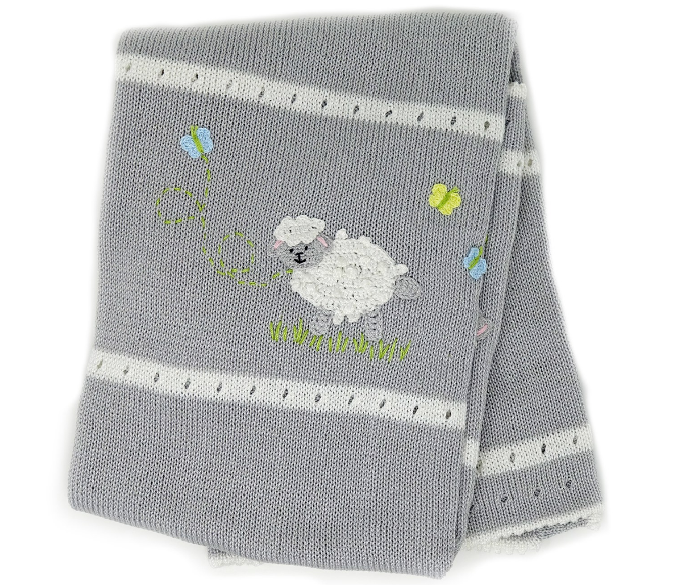Hand-Knit Baby Blanket with Baby Lamb,(Grey, Pink, Baby Blue), Fair Trade