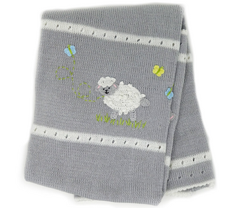 Hand-Knit Baby Blanket with Baby Lamb,(Grey, Pink, Baby Blue), Fair Trade