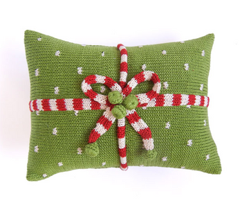 Hand Knit Mini Green Christmas Present Pillow, Fair Trade