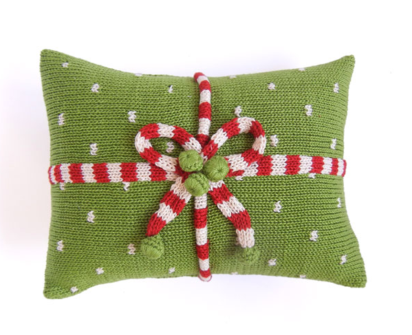 Hand Knit Mini Green Christmas Present Pillow, Fair Trade