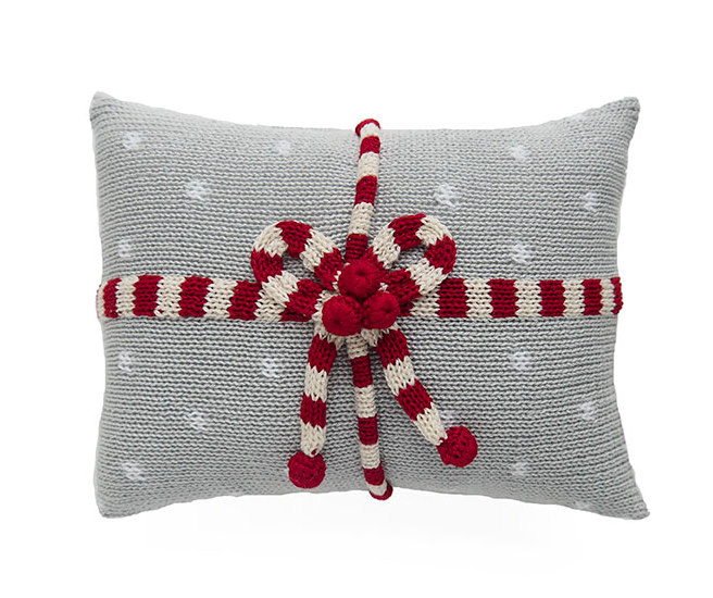 Hand Knit Mini Christmas Pillow, Grey Gift Candy Stripe & Dots, Fair Trade